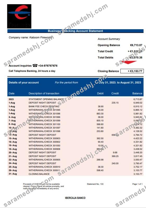 Ibercaja Bank firm account statement Word and PDF template